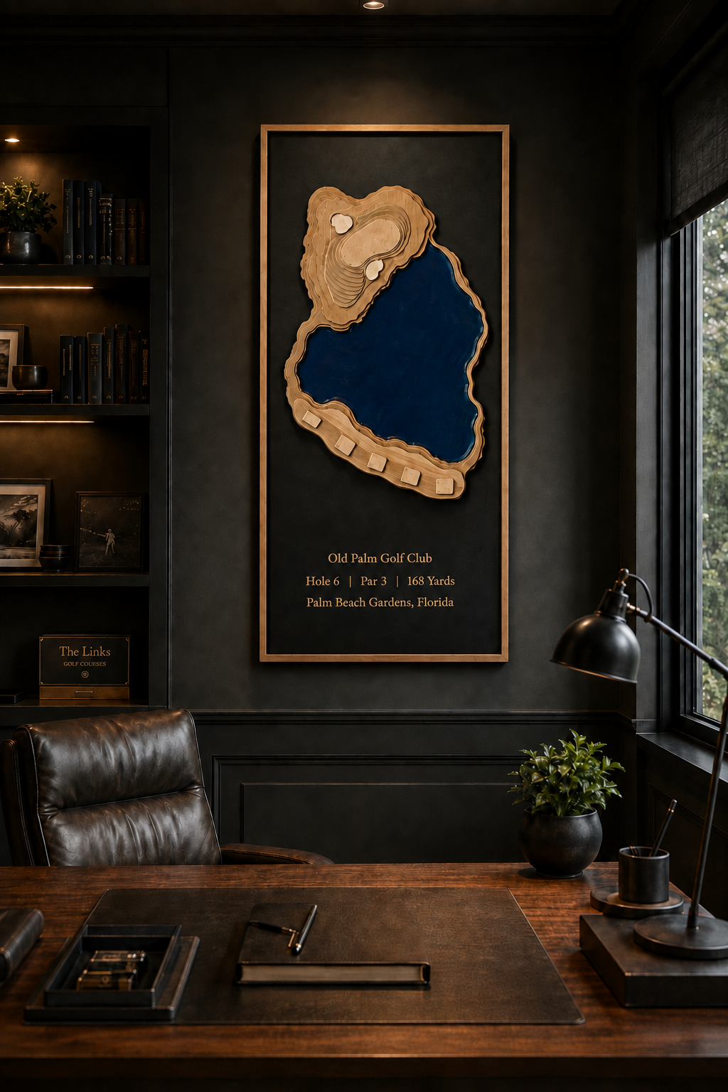 Layered wood and epoxy artwork of Old Palm Golf Club displayed in a private office